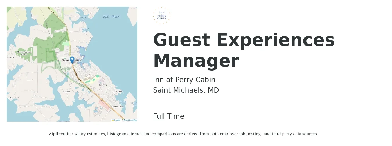 Inn at Perry Cabin job posting for a Guest Experiences Manager in Saint Michaels, MD with a salary of $18 to $26 Hourly with a map of Saint Michaels location.