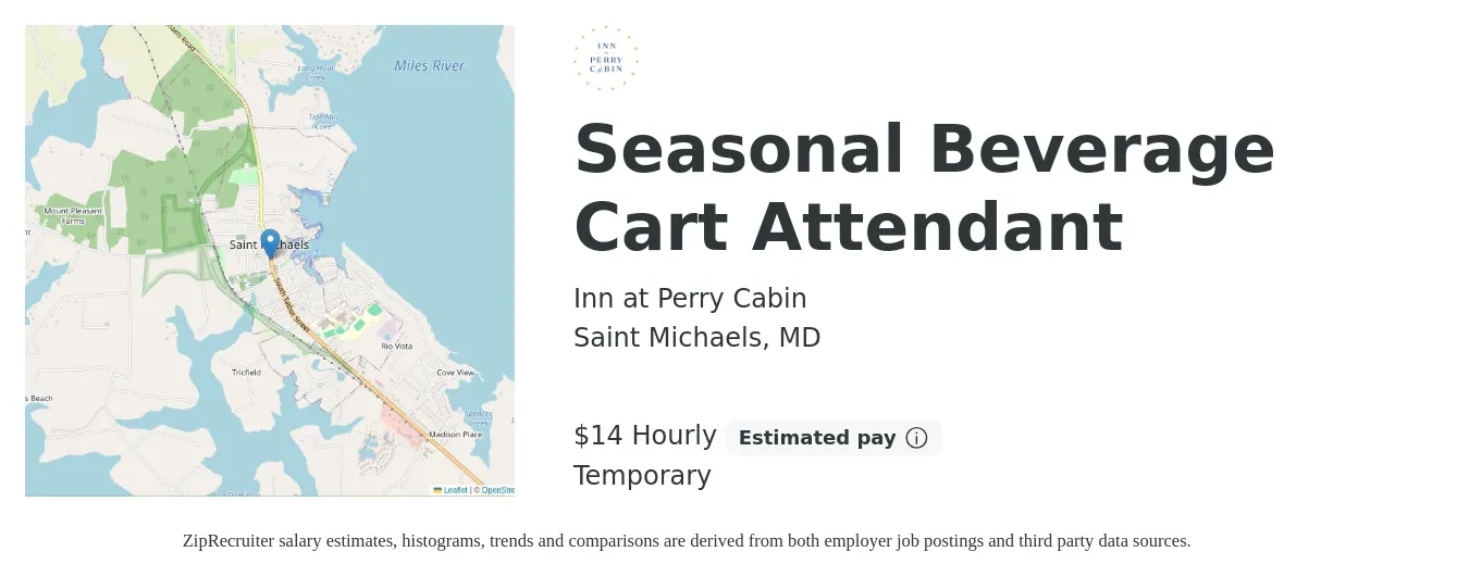 Inn at Perry Cabin job posting for a Seasonal Beverage Cart Attendant in Saint Michaels, MD with a salary of $15 Hourly with a map of Saint Michaels location.