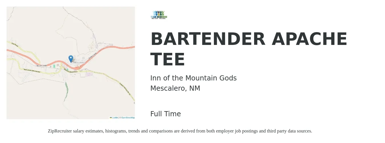 Inn of the Mountain Gods job posting for a BARTENDER APACHE TEE in Mescalero, NM with a salary of $10 to $18 Hourly with a map of Mescalero location.