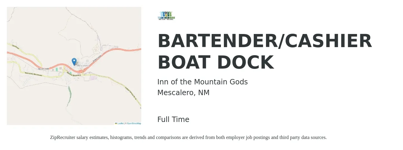 Inn of the Mountain Gods job posting for a BARTENDER/CASHIER BOAT DOCK in Mescalero, NM with a salary of $10 to $18 Hourly with a map of Mescalero location.
