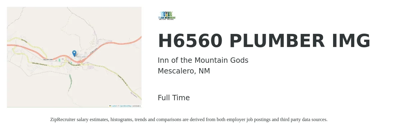 Inn of the Mountain Gods job posting for a H6560 PLUMBER IMG in Mescalero, NM with a salary of $23 to $34 Hourly with a map of Mescalero location.