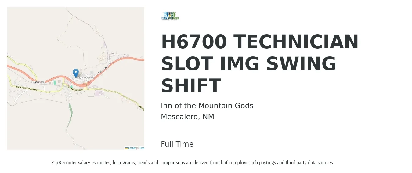 Inn of the Mountain Gods job posting for a H6700 TECHNICIAN SLOT IMG SWING SHIFT in Mescalero, NM with a salary of $16 to $22 Hourly with a map of Mescalero location.