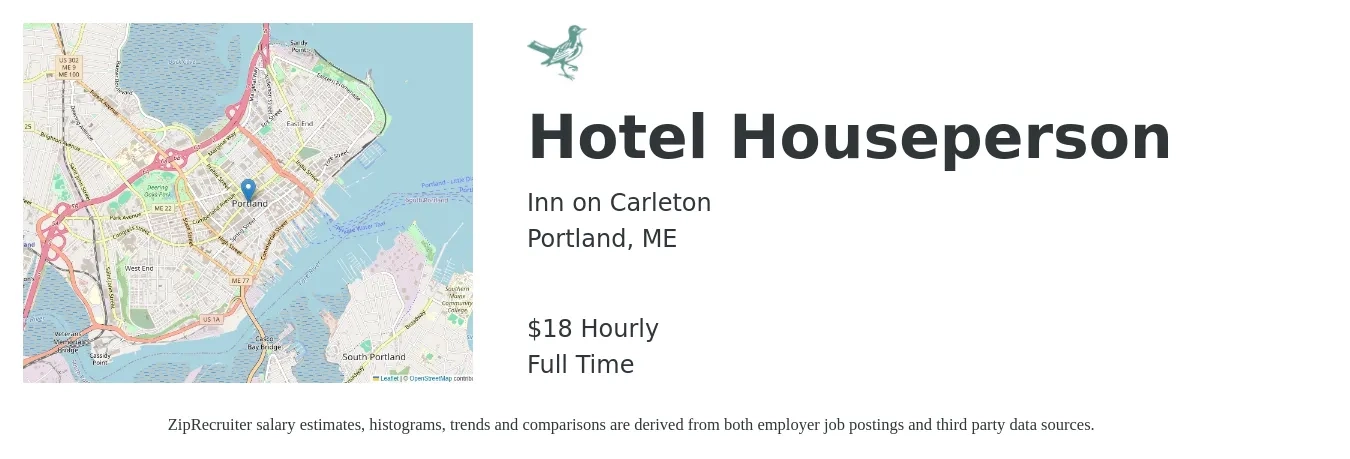 Inn on Carleton job posting for a Hotel Houseperson in Portland, ME with a salary of $19 Hourly with a map of Portland location.