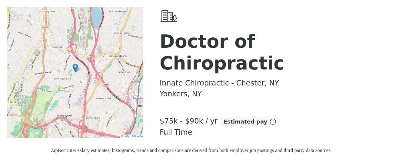 Innate Chiropractic - Chester, NY job posting for a Doctor of Chiropractic in Yonkers, NY with a salary of $75,000 to $90,000 Yearly with a map of Yonkers location.