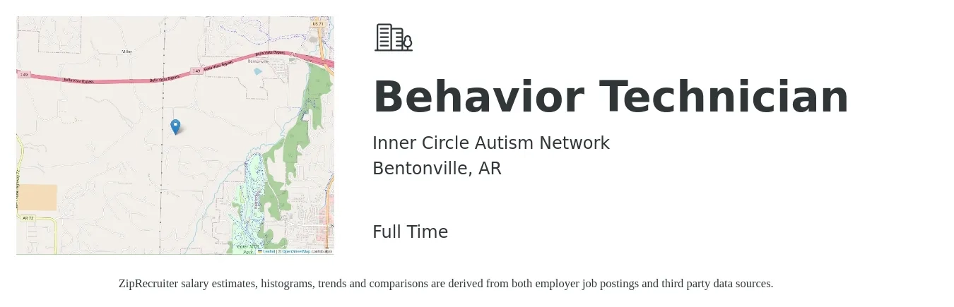 Inner Circle Autism Network job posting for a Behavior Technician in Bentonville, AR with a salary of $16 to $21 Hourly with a map of Bentonville location.
