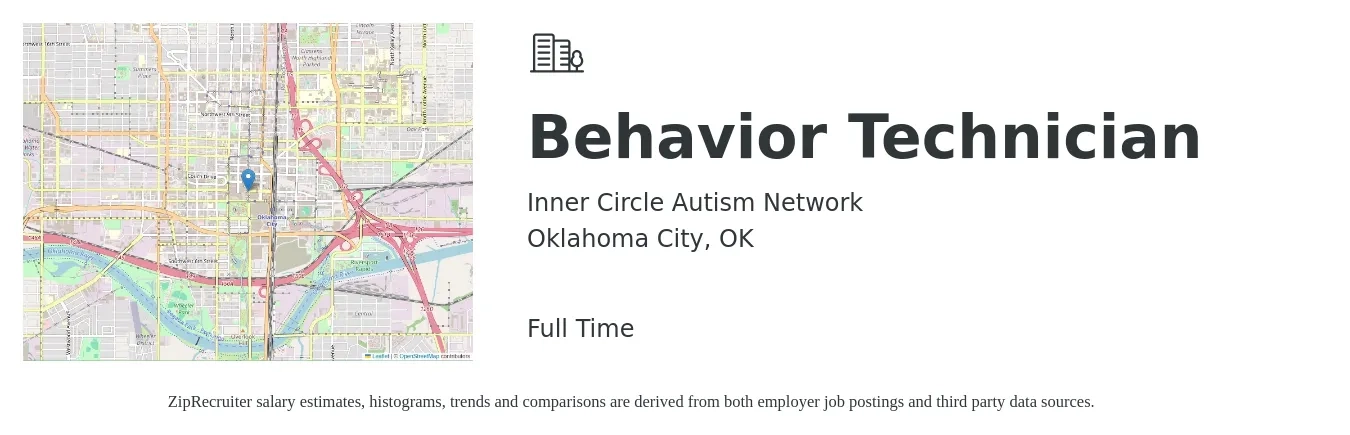 Inner Circle Autism Network job posting for a Behavior Technician in Oklahoma City, OK with a salary of $16 to $21 Hourly with a map of Oklahoma City location.