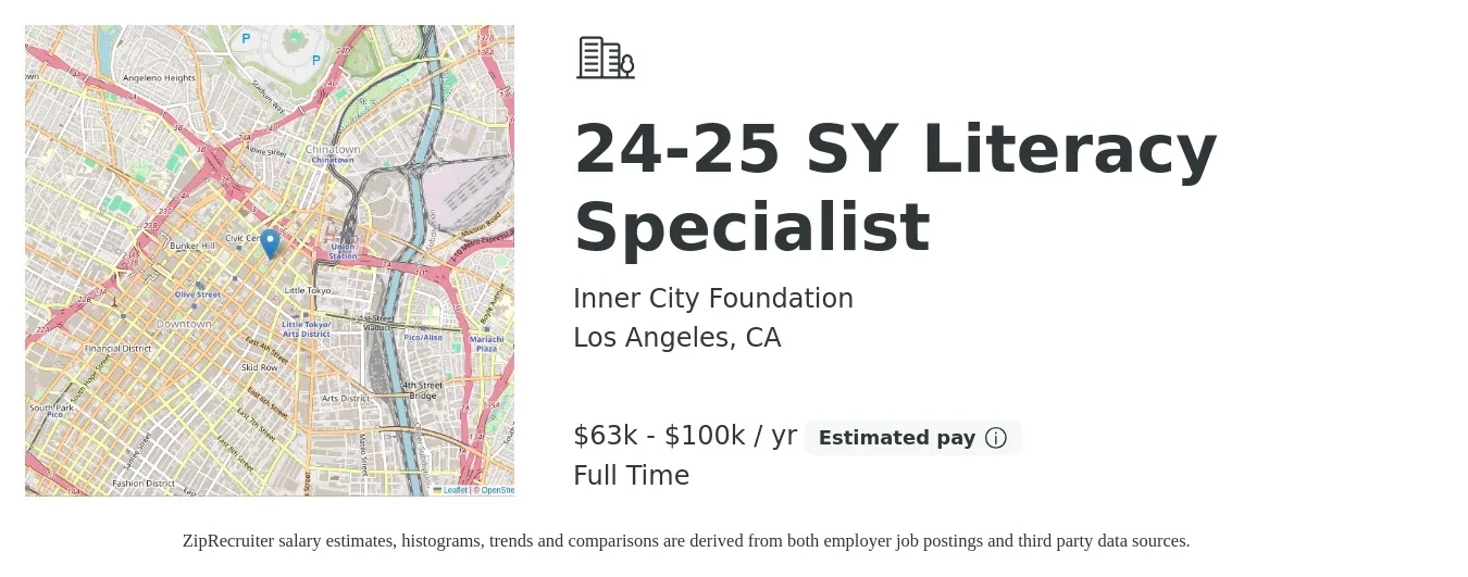 Inner City Foundation job posting for a 24-25 SY Literacy Specialist in Los Angeles, CA with a salary of $63,000 to $100,000 Yearly with a map of Los Angeles location.