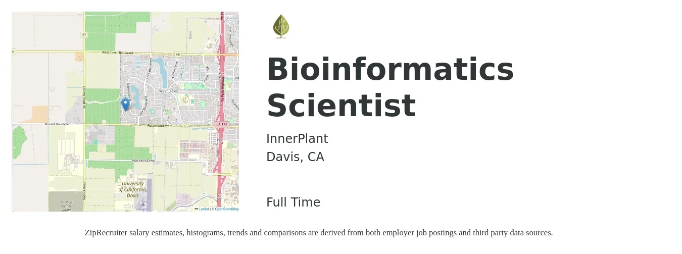 InnerPlant job posting for a Bioinformatics Scientist in Davis, CA with a salary of $90,000 to $150,000 Yearly with a map of Davis location.