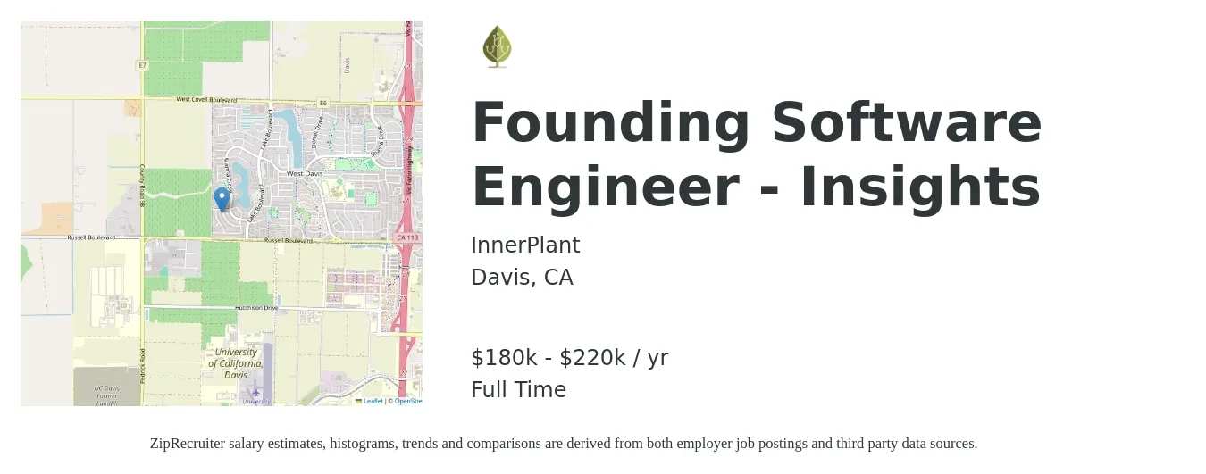InnerPlant job posting for a Founding Software Engineer - Insights in Davis, CA with a salary of $180,000 to $220,000 Yearly with a map of Davis location.