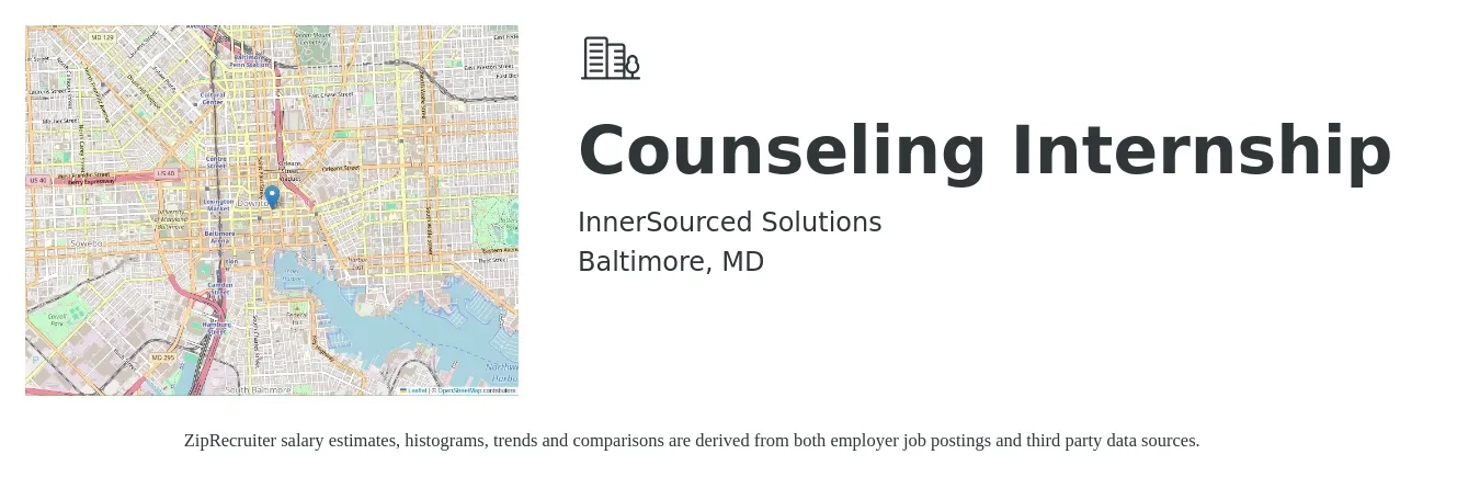InnerSourced Solutions job posting for a Counseling Internship in Baltimore, MD with a salary of $15 to $20 Hourly with a map of Baltimore location.