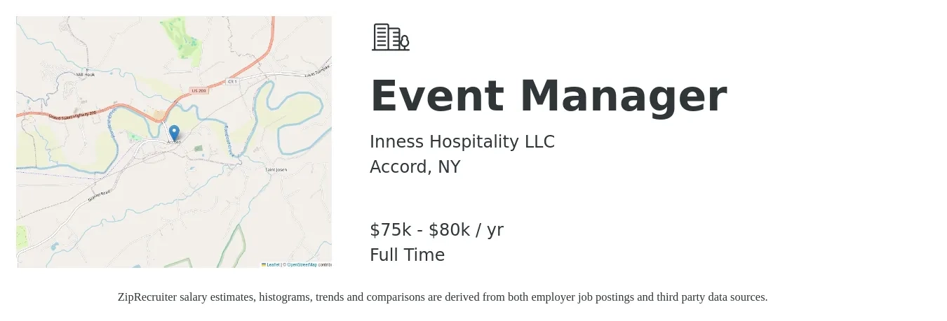 Inness Hospitality LLC job posting for a Event Manager in Accord, NY with a salary of $75,000 to $80,000 Yearly with a map of Accord location.