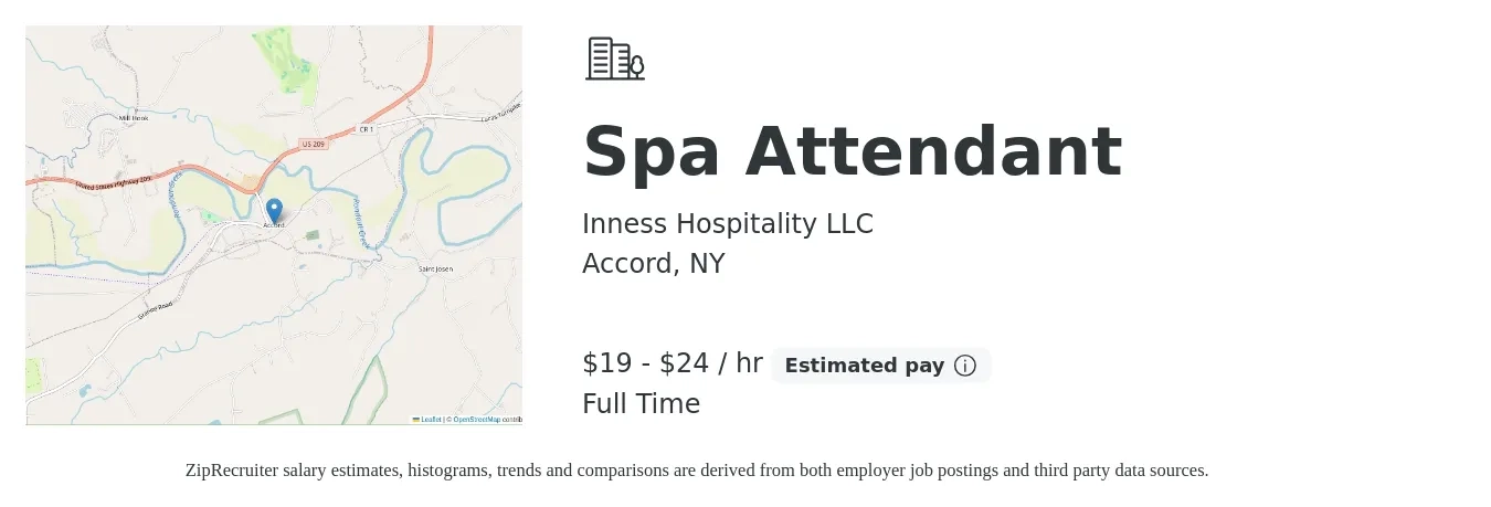 Inness Hospitality LLC job posting for a Spa Attendant in Accord, NY with a salary of $20 to $25 Hourly with a map of Accord location.