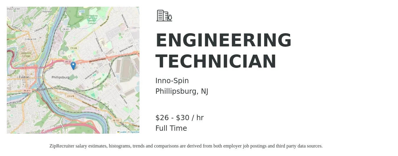 Inno-Spin LLC job posting for a ENGINEERING TECHNICIAN in Phillipsburg, NJ with a salary of $28 to $32 Hourly with a map of Phillipsburg location.