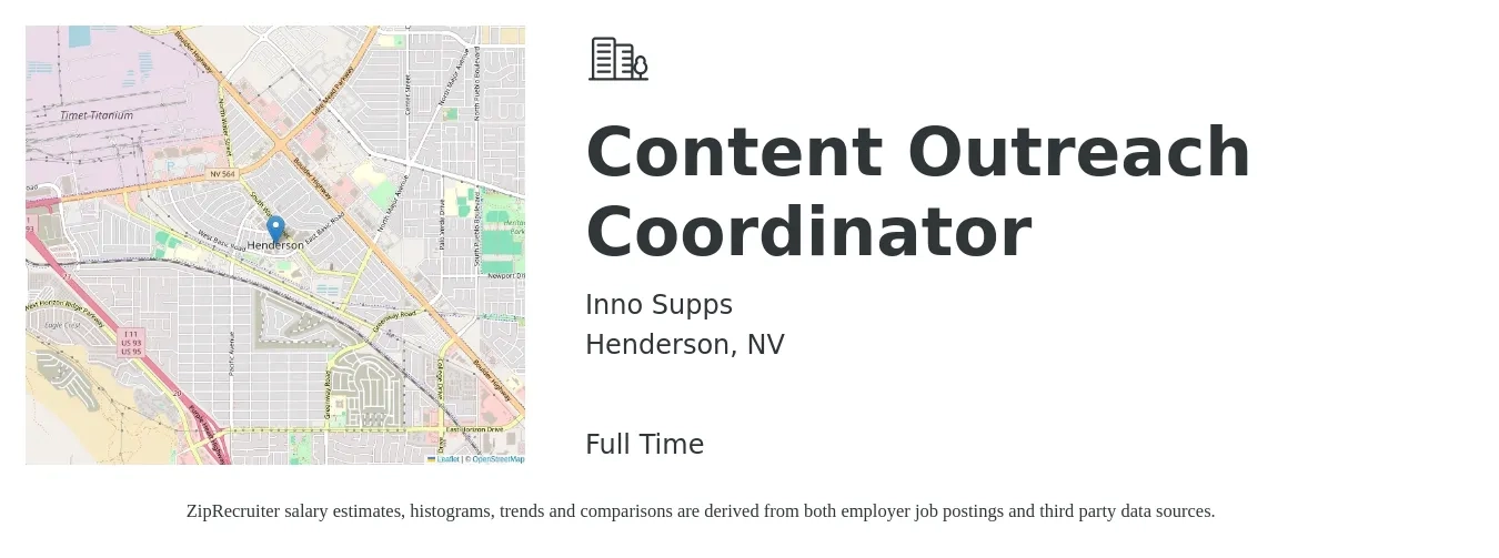 Inno Supps job posting for a Content Outreach Coordinator in Henderson, NV with a salary of $19 to $29 Hourly with a map of Henderson location.