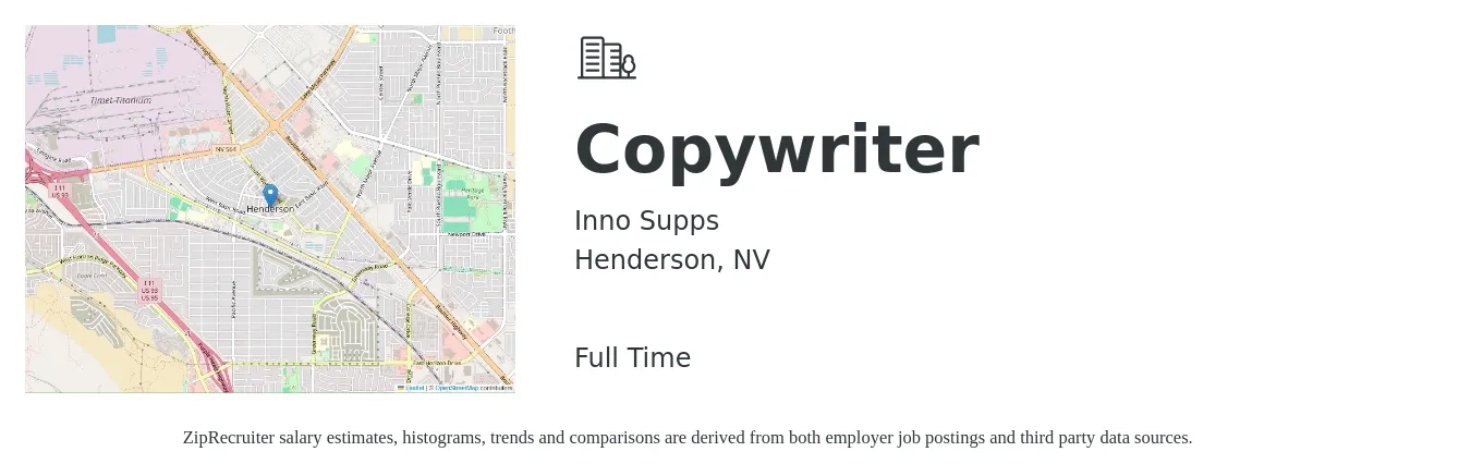 Inno Supps job posting for a Copywriter in Henderson, NV with a salary of $28 to $42 Hourly with a map of Henderson location.