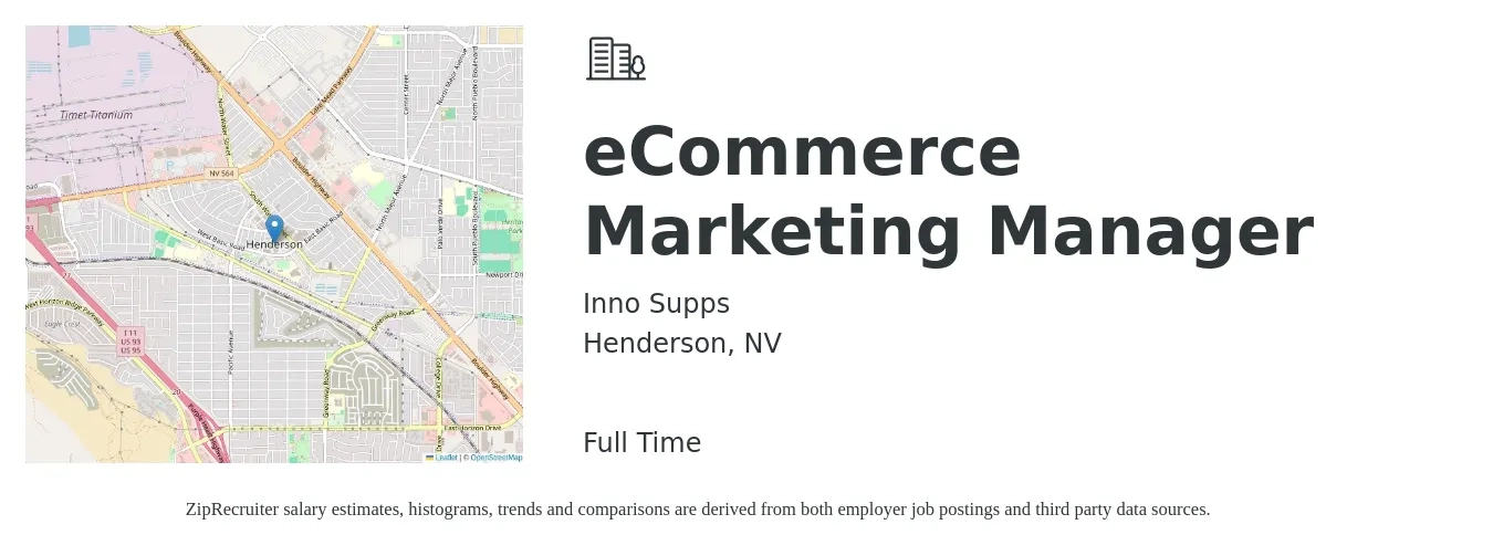 Inno Supps job posting for a eCommerce Marketing Manager in Henderson, NV with a salary of $60,300 to $100,900 Yearly with a map of Henderson location.