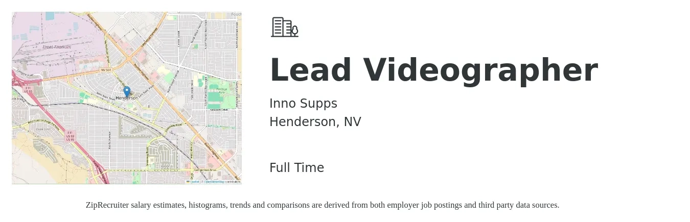 Inno Supps job posting for a Lead Videographer in Henderson, NV with a salary of $43,000 to $70,500 Yearly with a map of Henderson location.