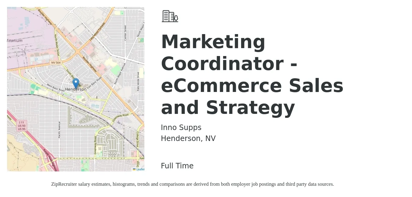 Inno Supps job posting for a Marketing Coordinator - eCommerce Sales and Strategy in Henderson, NV with a salary of $40,500 to $53,100 Yearly with a map of Henderson location.