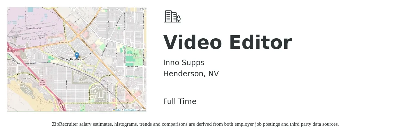 Inno Supps job posting for a Video Editor in Henderson, NV with a salary of $22 to $40 Hourly with a map of Henderson location.