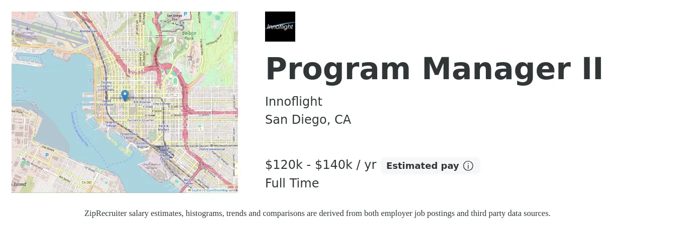 Innoflight job posting for a Program Manager II in San Diego, CA with a salary of $120,000 to $140,000 Yearly with a map of San Diego location.