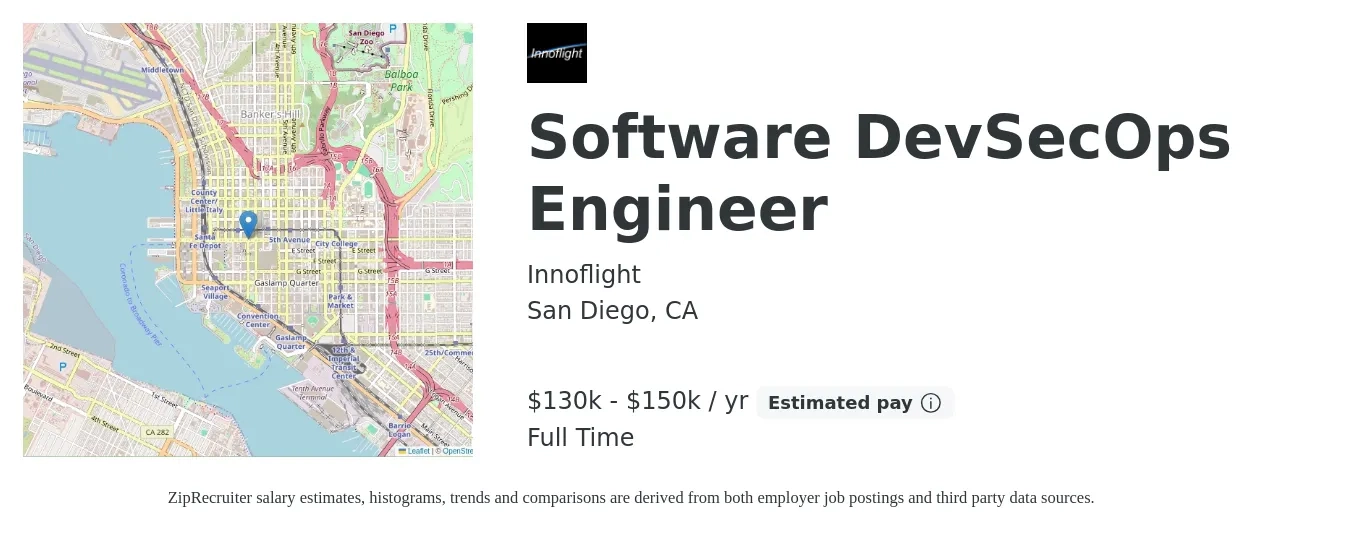 Innoflight job posting for a Software DevSecOps Engineer in San Diego, CA with a salary of $130,000 to $150,000 Yearly with a map of San Diego location.