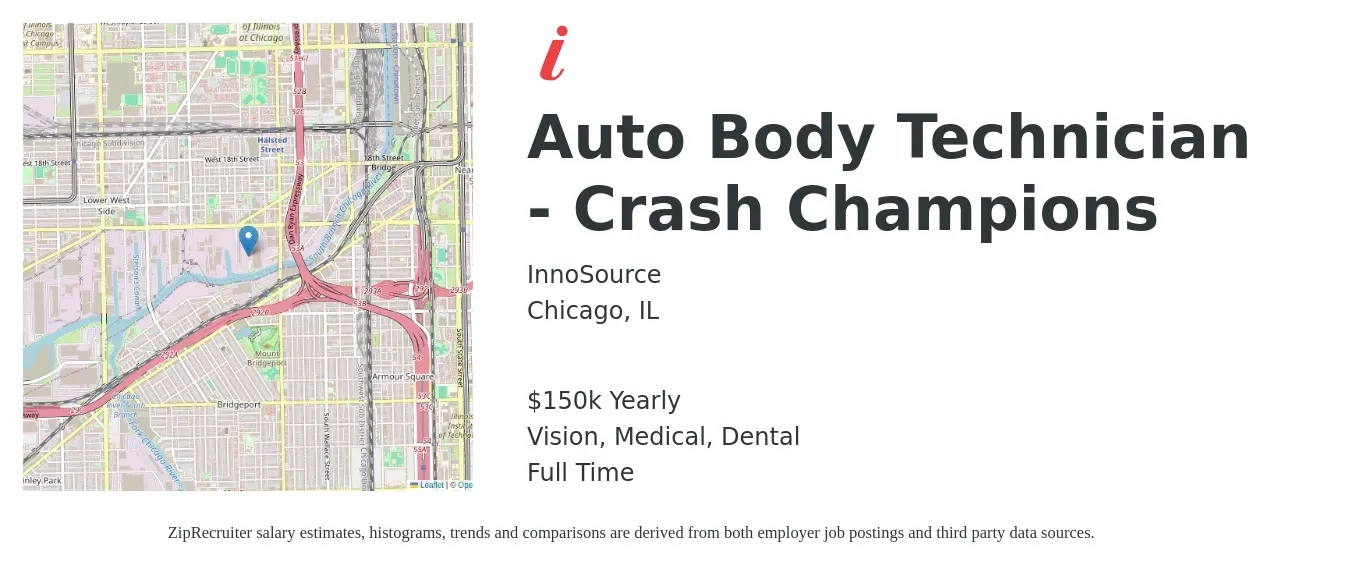 InnoSource job posting for a Auto Body Technician - Crash Champions in Chicago, IL with a salary of $150,000 Yearly and benefits including dental, medical, pto, and vision with a map of Chicago location.