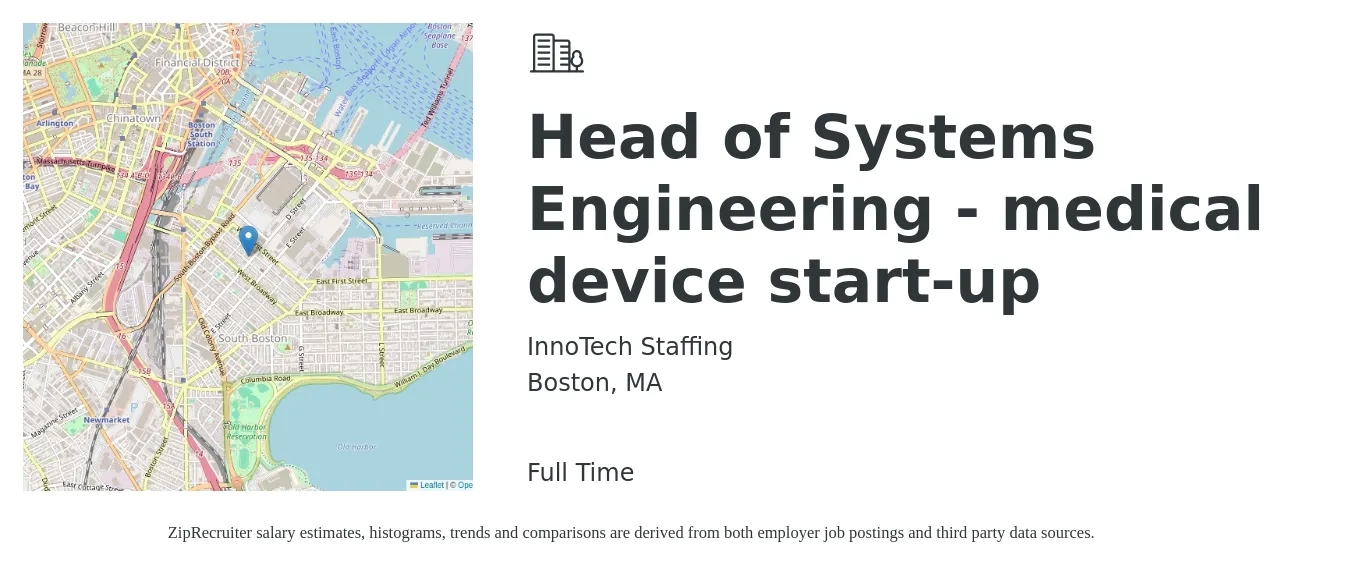 InnoTech Staffing job posting for a Head of Systems Engineering - medical device start-up in Boston, MA with a salary of $154,200 to $275,700 Yearly with a map of Boston location.