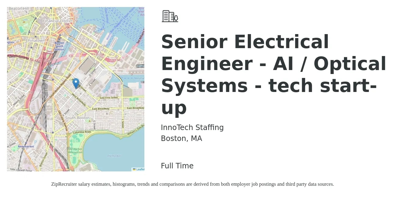 InnoTech Staffing job posting for a Senior Electrical Engineer - AI / Optical Systems - tech start-up in Boston, MA with a salary of $116,400 to $151,600 Yearly with a map of Boston location.