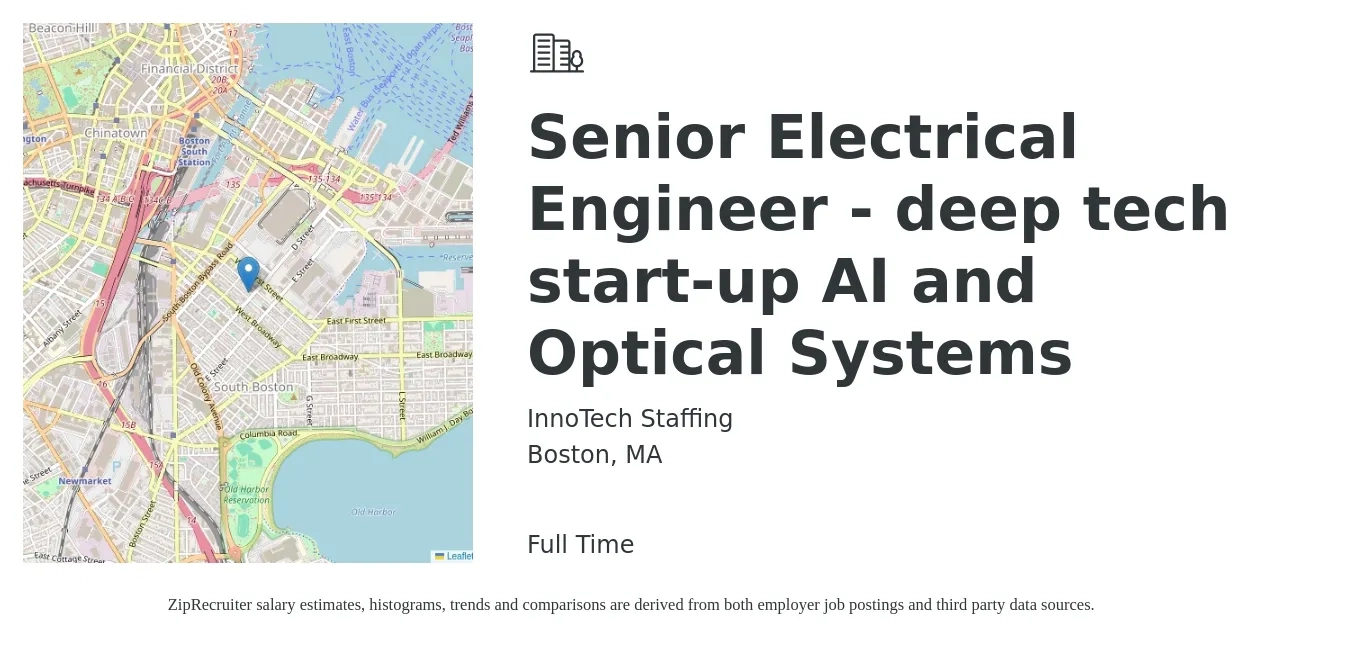 InnoTech Staffing job posting for a Senior Electrical Engineer - deep tech start-up AI and Optical Systems in Boston, MA with a salary of $116,400 to $151,600 Yearly with a map of Boston location.