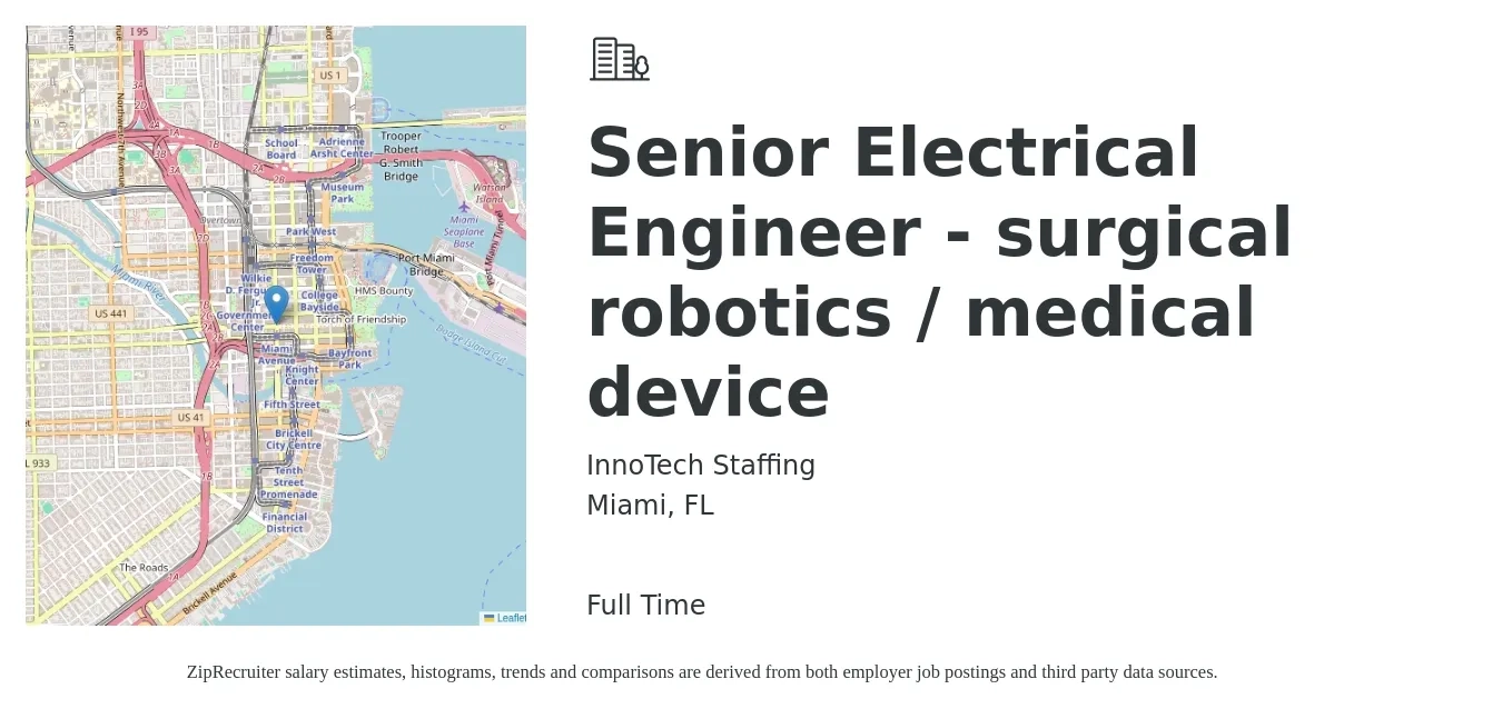 InnoTech Staffing job posting for a Senior Electrical Engineer - surgical robotics / medical device in Miami, FL with a salary of $99,500 to $129,600 Yearly with a map of Miami location.