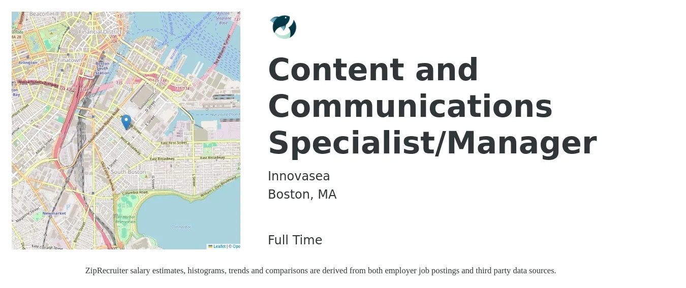 Innovasea job posting for a Content and Communications Specialist/Manager in Boston, MA with a salary of $32 to $41 Hourly with a map of Boston location.