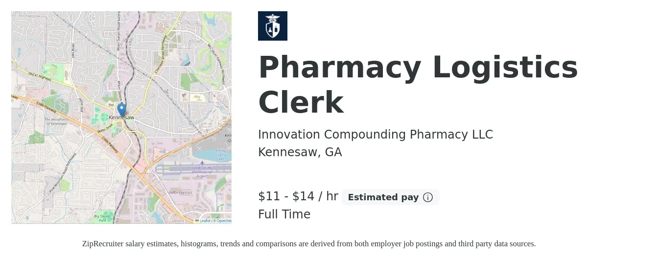 Innovation Compounding Pharmacy LLC job posting for a Pharmacy Logistics Clerk in Kennesaw, GA with a salary of $12 to $15 Hourly with a map of Kennesaw location.