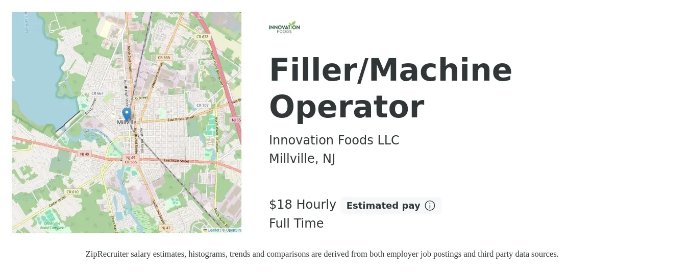 Innovation Foods LLC job posting for a Filler/Machine Operator in Millville, NJ with a salary of $19 Hourly with a map of Millville location.