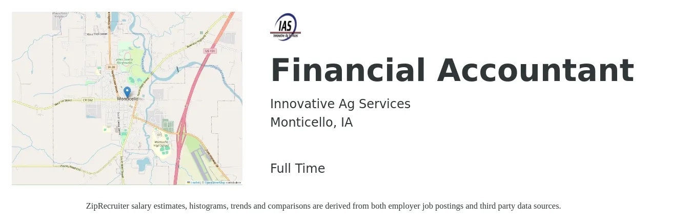 Innovative Ag Services job posting for a Financial Accountant in Monticello, IA with a salary of $54,100 to $74,700 Yearly with a map of Monticello location.