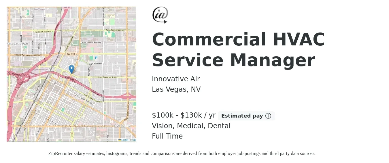 Innovative Air job posting for a Commercial HVAC Service Manager in Las Vegas, NV with a salary of $100,000 to $130,000 Yearly and benefits including dental, medical, retirement, and vision with a map of Las Vegas location.