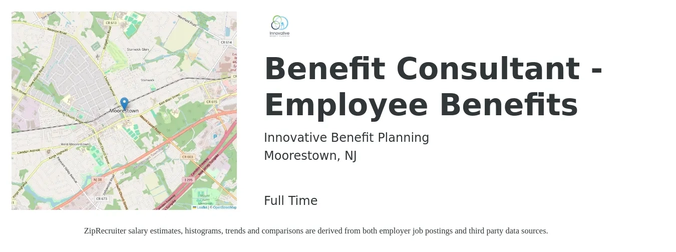 Innovative Benefit Planning job posting for a Benefit Consultant - Employee Benefits in Moorestown, NJ with a salary of $39,900 to $80,400 Yearly with a map of Moorestown location.