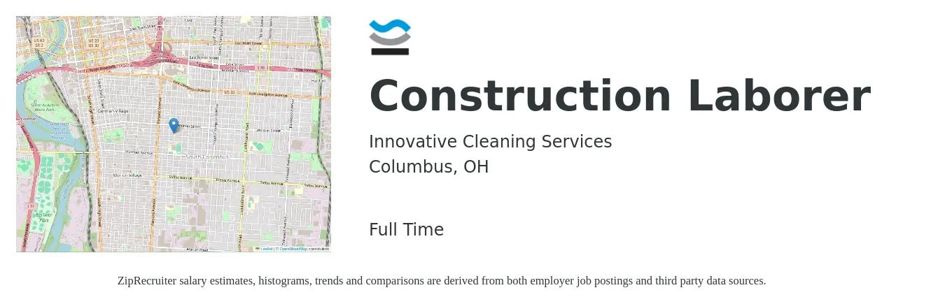 Innovative Cleaning Services job posting for a Construction Laborer in Columbus, OH with a salary of $17 to $22 Hourly with a map of Columbus location.