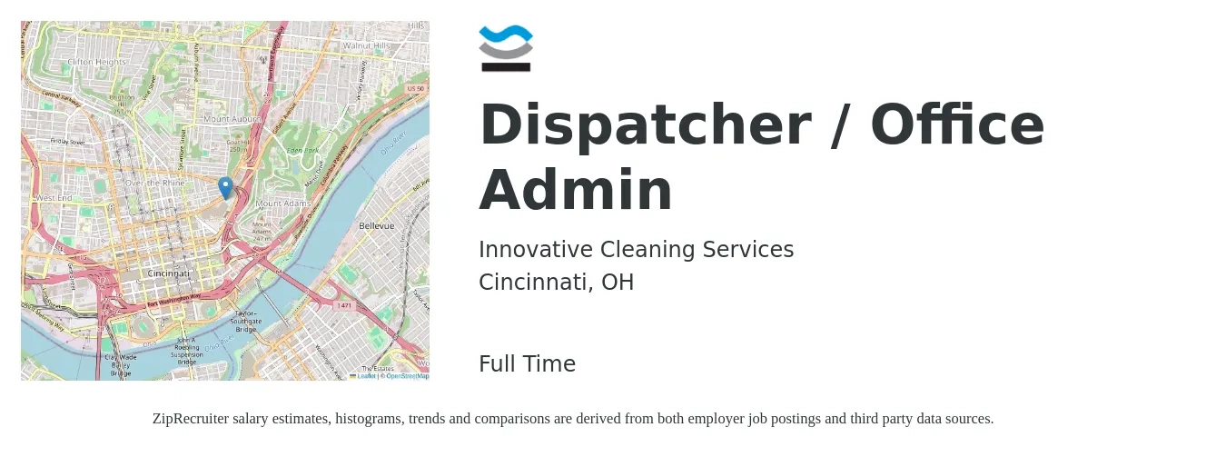 Innovative Cleaning Services job posting for a Dispatcher / Office Admin in Cincinnati, OH with a salary of $17 to $24 Hourly with a map of Cincinnati location.
