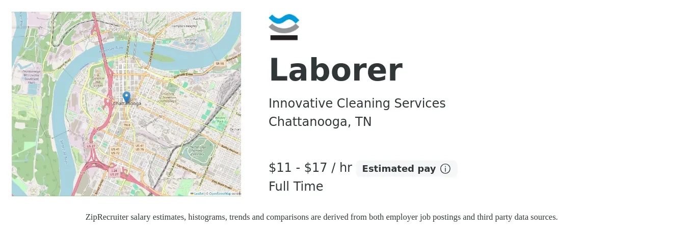 Innovative Cleaning Services job posting for a Laborer in Chattanooga, TN with a salary of $12 to $18 Hourly with a map of Chattanooga location.