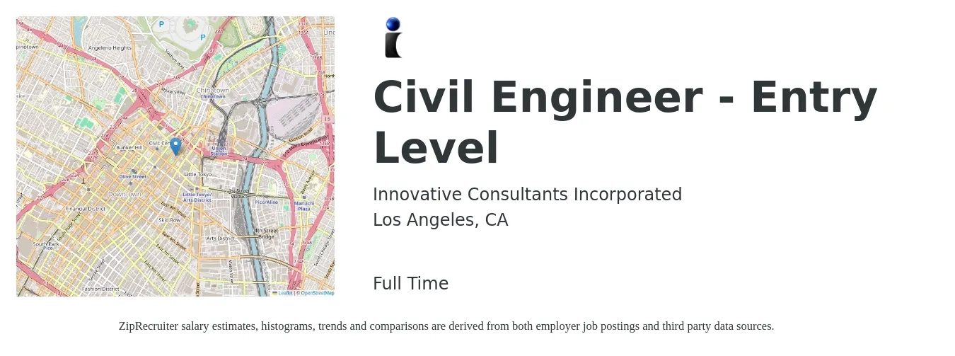 Innovative Consultants Incorporated job posting for a Civil Engineer - Entry Level in Los Angeles, CA with a salary of $56,000 to $95,400 Yearly and benefits including pto, and retirement with a map of Los Angeles location.