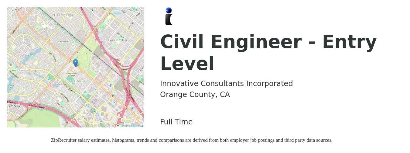 Innovative Consultants Incorporated job posting for a Civil Engineer - Entry Level in Orange County, CA with a salary of $55,700 to $94,800 Yearly and benefits including pto, and retirement with a map of Orange County location.