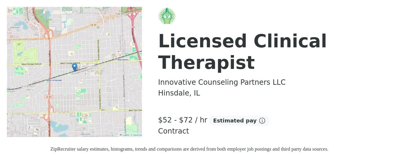 Innovative Counseling Partners LLC job posting for a Licensed Clinical Therapist in Hinsdale, IL with a salary of $55 to $75 Hourly with a map of Hinsdale location.