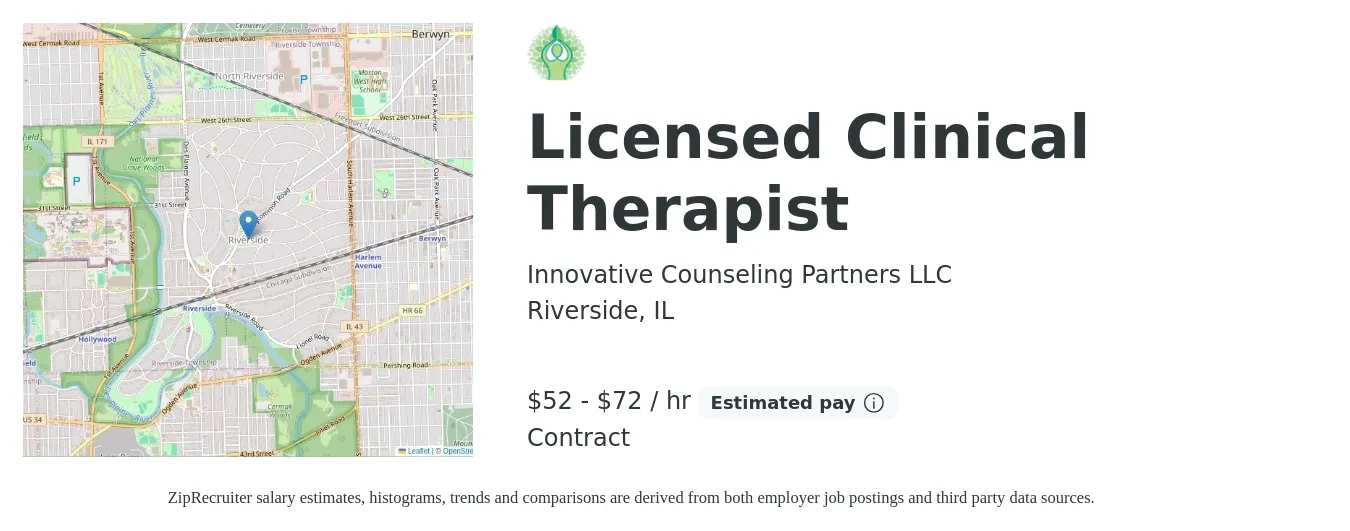 Innovative Counseling Partners LLC job posting for a Licensed Clinical Therapist in Riverside, IL with a salary of $55 to $75 Hourly with a map of Riverside location.