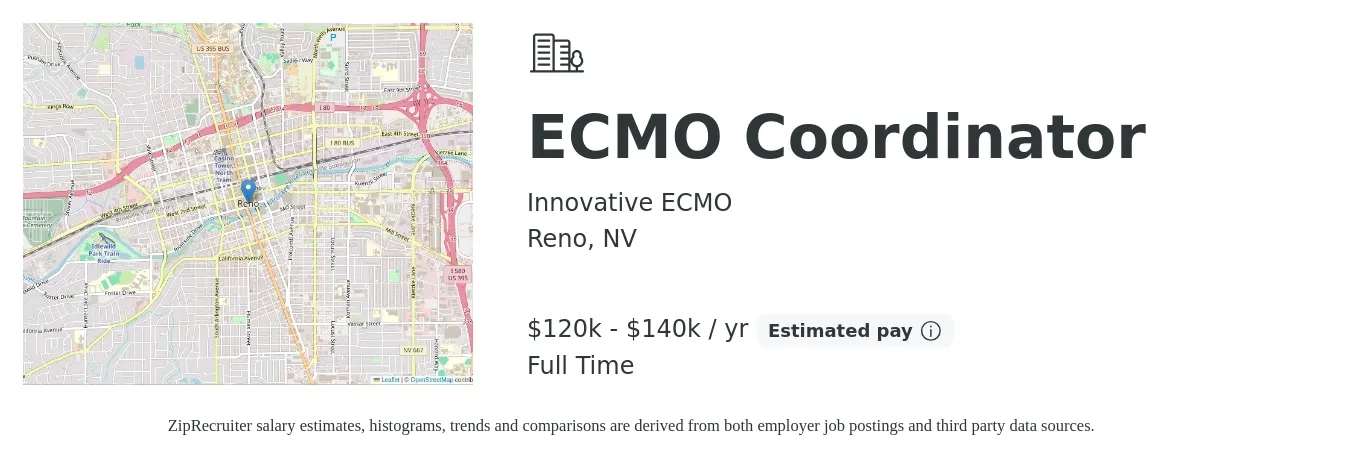 Innovative ECMO job posting for a ECMO Coordinator in Reno, NV with a salary of $120,000 to $140,000 Yearly with a map of Reno location.