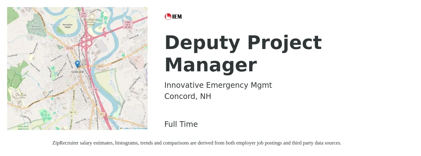Innovative Emergency Mgmt job posting for a Deputy Project Manager in Concord, NH with a salary of $117,300 Yearly with a map of Concord location.