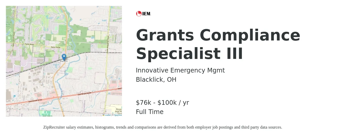 Innovative Emergency Mgmt job posting for a Grants Compliance Specialist III in Blacklick, OH with a salary of $76,000 to $100,000 Yearly with a map of Blacklick location.