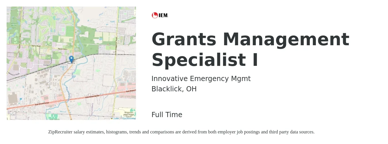 Innovative Emergency Mgmt job posting for a Grants Management Specialist I in Blacklick, OH with a salary of $55,100 to $95,200 Yearly with a map of Blacklick location.