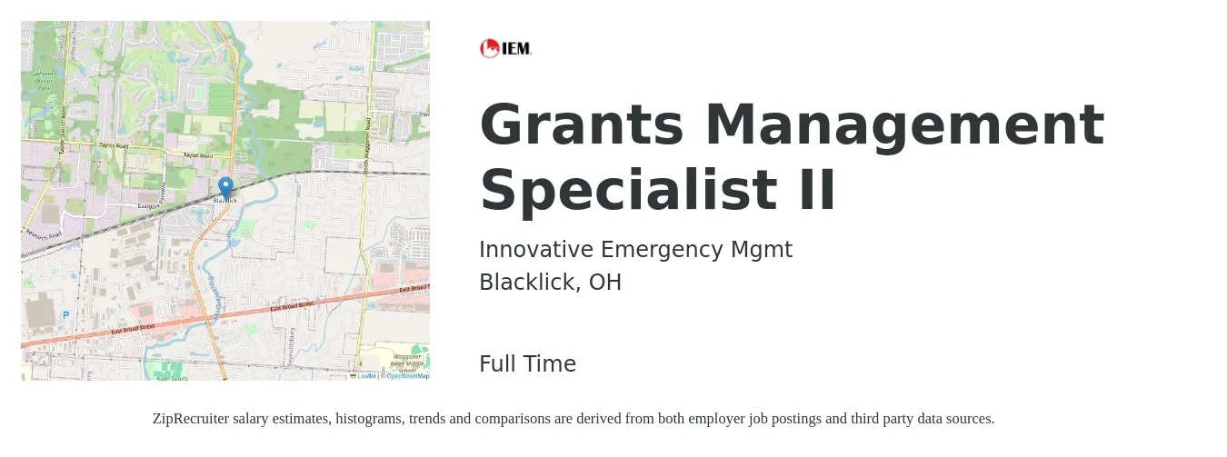 Innovative Emergency Mgmt job posting for a Grants Management Specialist II in Blacklick, OH with a salary of $55,100 to $95,200 Yearly with a map of Blacklick location.