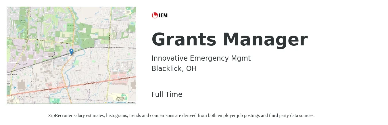 Innovative Emergency Mgmt job posting for a Grants Manager in Blacklick, OH with a salary of $59,900 to $83,100 Yearly with a map of Blacklick location.