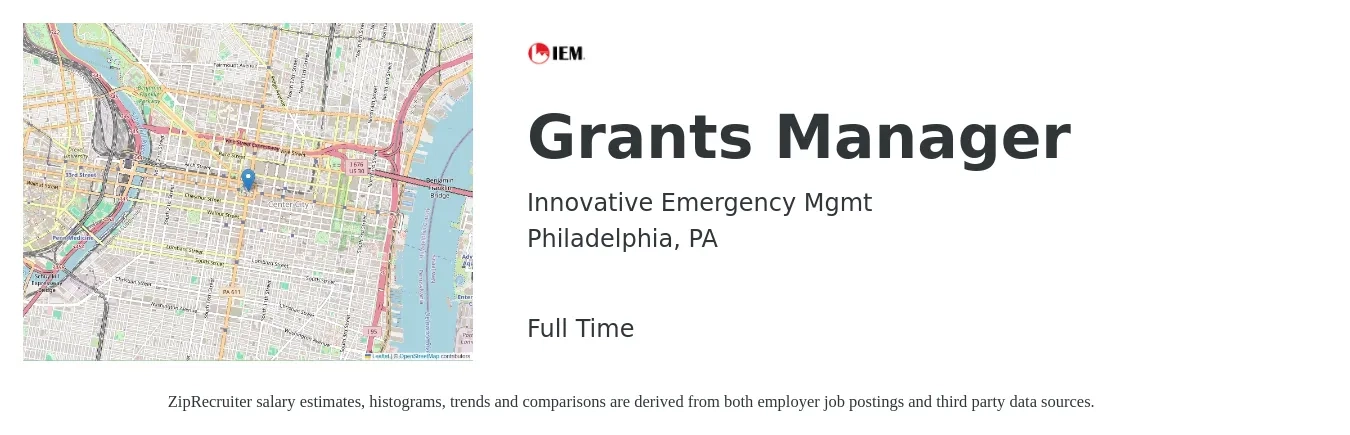 Innovative Emergency Mgmt job posting for a Grants Manager in Philadelphia, PA with a salary of $62,600 to $86,800 Yearly with a map of Philadelphia location.